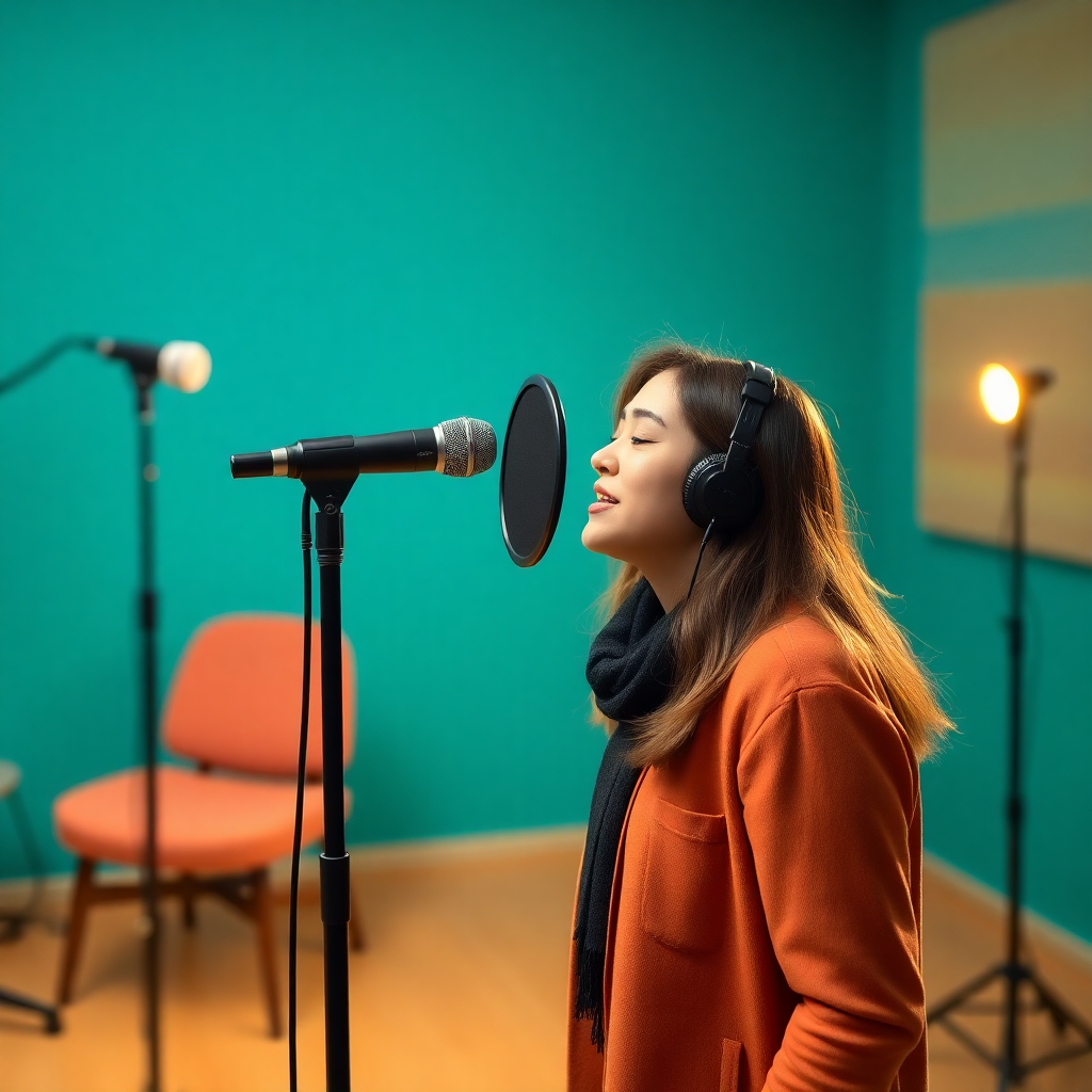 Vocal coach warming up voice in bright studio, teal tones