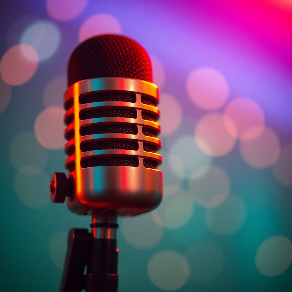 Microphone closeup with warm bokeh lighting, orange and teal color grade