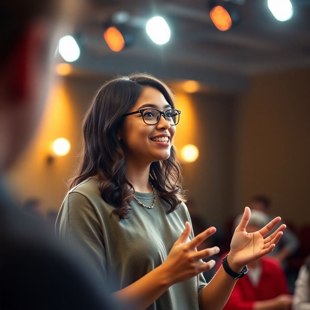 Student in a public speaking session, confident presenter, warm studio lighting
