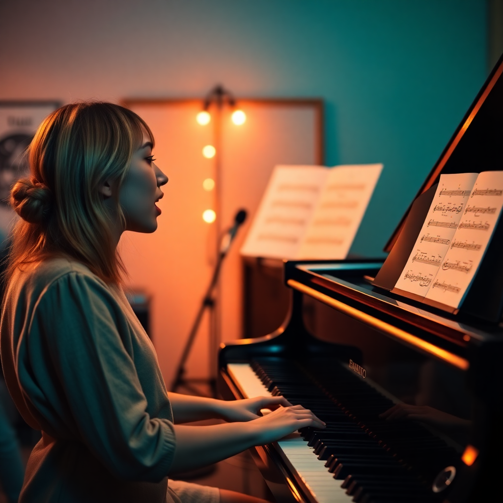 Singing lesson with piano and notes, teal and warm lighting