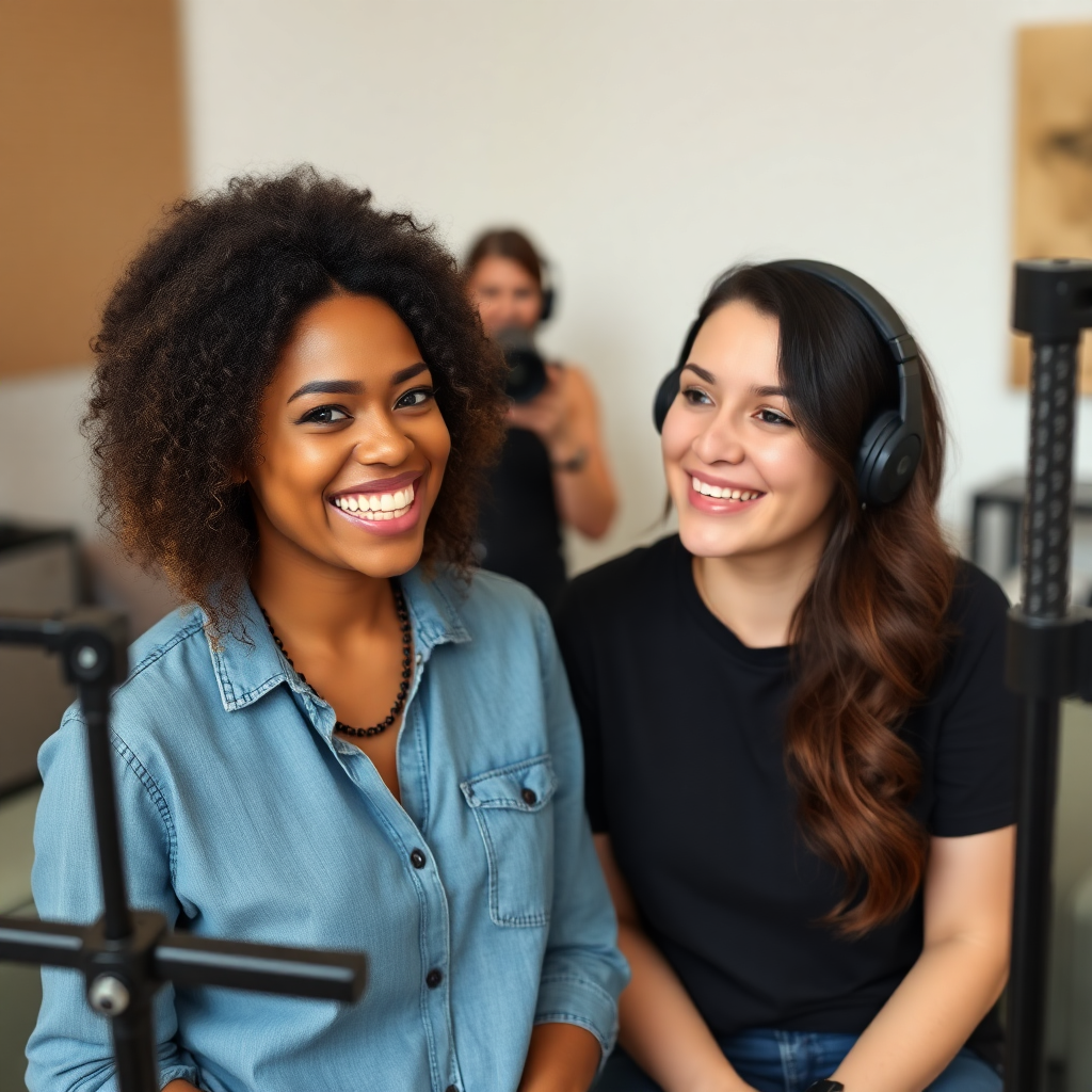 Vocal coach smiling with client, teal accent, behind the scenes coaching session